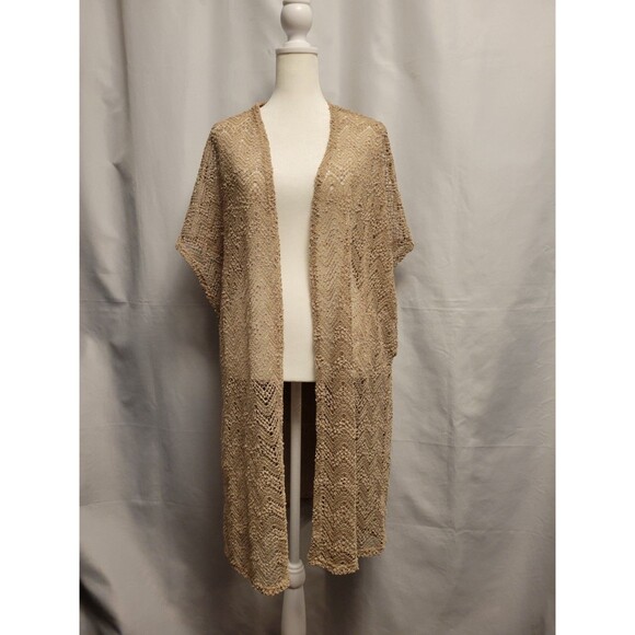 Frumos Open Knit Crochet Duster Womens 2X Beige Chevron Shimmer - Picture 1 of 6